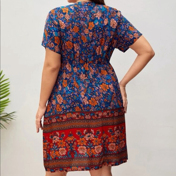 Boho red blue floral print surplice mini dress - Picture 7 of 11